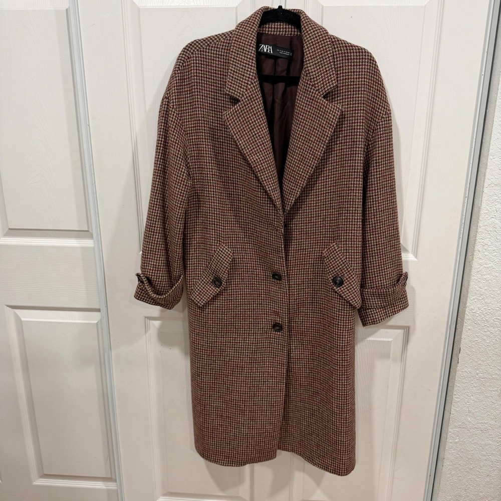Zara Womens Oversized Houndstooth Longline Coat Brown Burgundy 9192/222/330 M